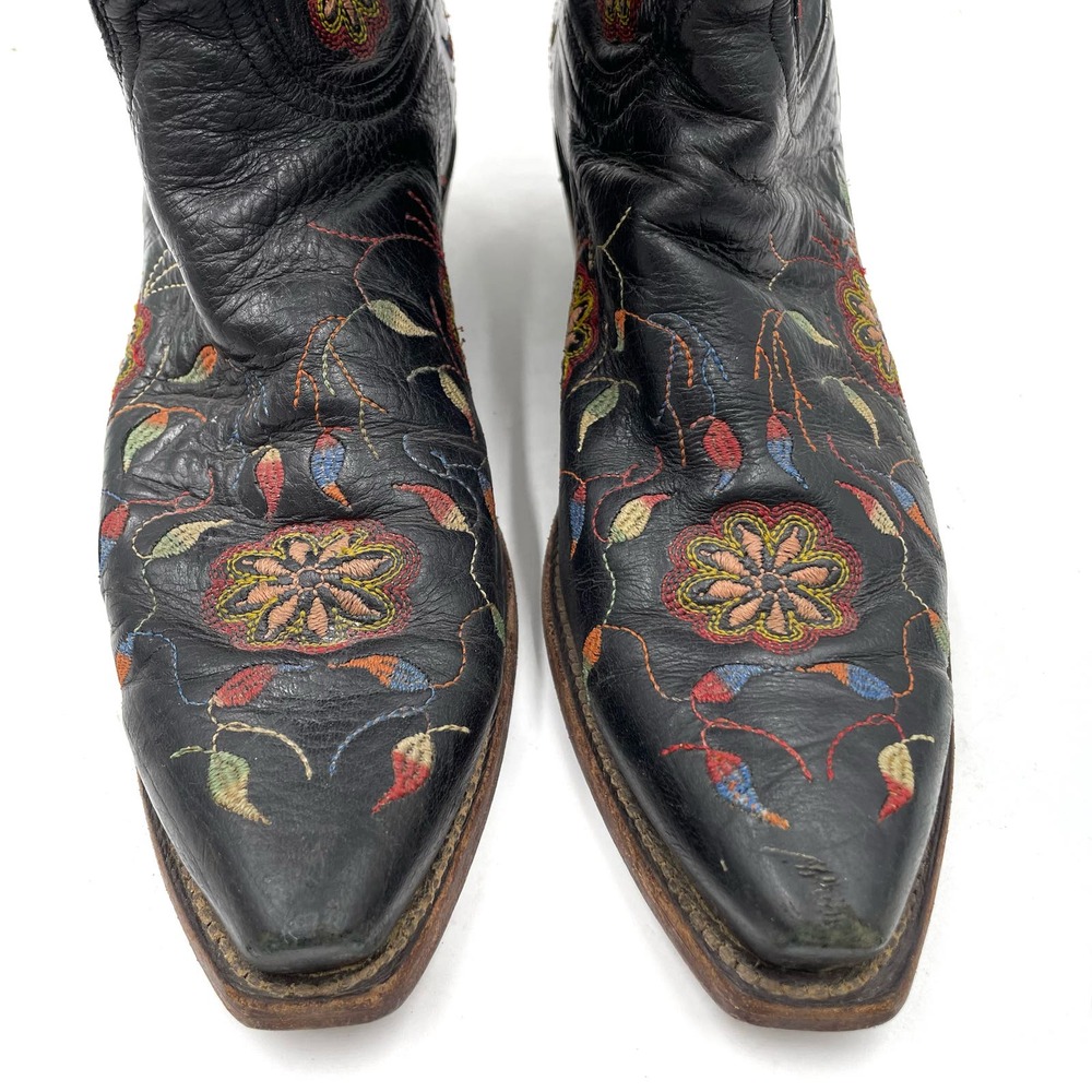 SOLD-Lucchese Western Boots Black Leather Floral Embroidered Block Heel Sz 7 - Picture 4 of 12